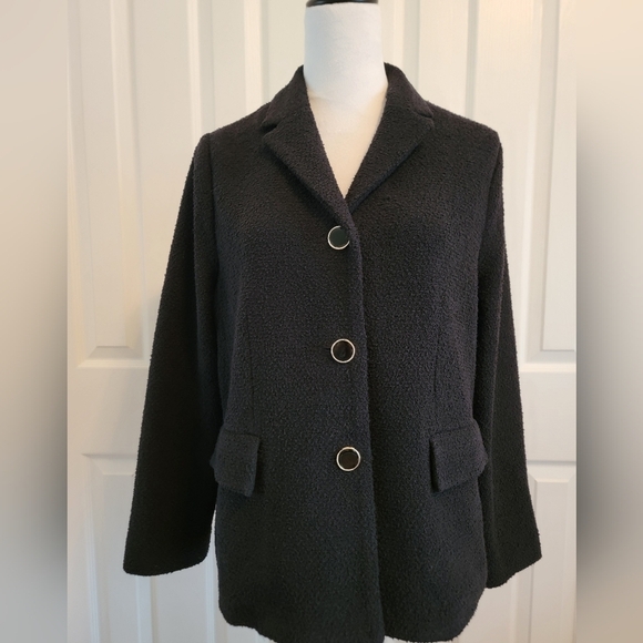 St John Black Boucle' Knit Jacket With Gold Trimmed Buttons Size 16 - Picture 3 of 11